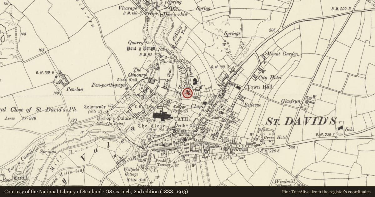 Ordnance Survey six-inch map, 2nd edition (1888–1913) covering the location of Former Church School, St. David's and the Cathedral Close, Pembrokeshire, with a pin at the register's coordinates