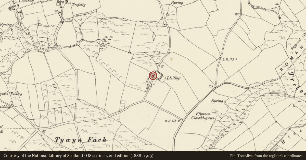 Ordnance Survey six-inch map, 2nd edition (1888–1913) covering the location of Lleithyr, St. David's and the Cathedral Close, Pembrokeshire, with a pin at the register's coordinates
