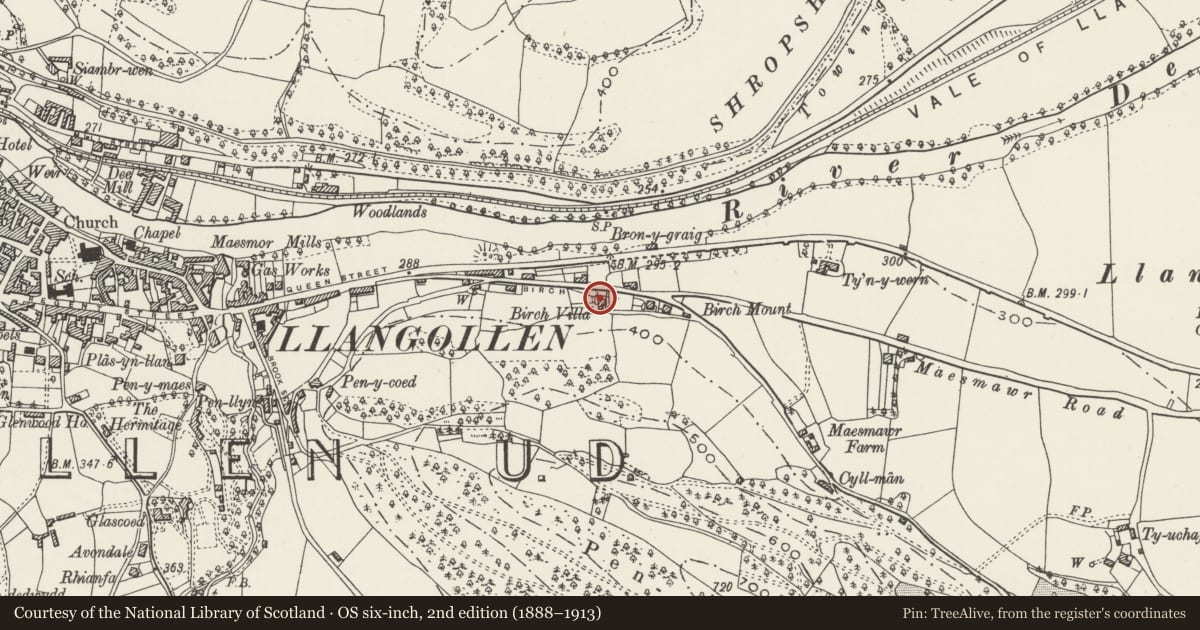 Ordnance Survey six-inch map, 2nd edition (1888–1913) covering the location of Highcroft, Llangollen, Denbighshire, with a pin at the register's coordinates