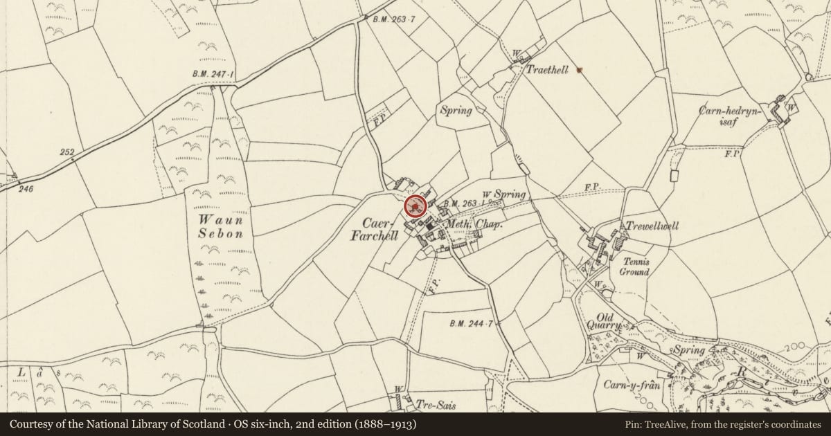 Ordnance Survey six-inch map, 2nd edition (1888–1913) covering the location of Outbuilding to rear of the Manse, St. David's and the Cathedral Close, Pembrokeshire, with a pin at the register's coordinates