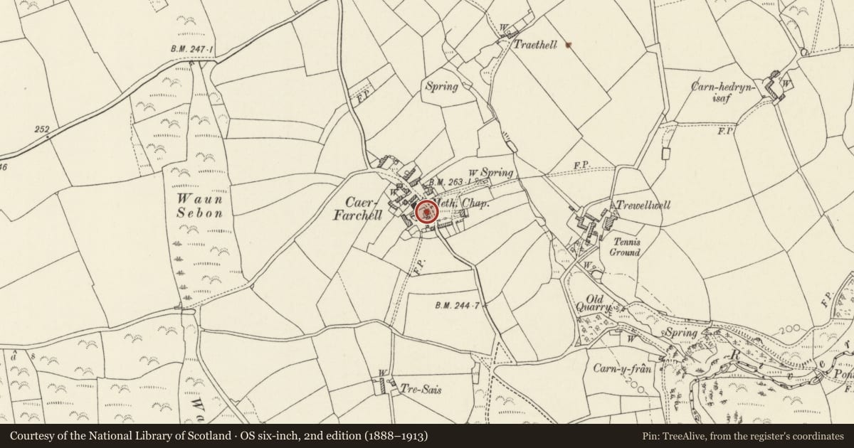 Ordnance Survey six-inch map, 2nd edition (1888–1913) covering the location of Y Post/The Old Post Office, St. David's and the Cathedral Close, Pembrokeshire, with a pin at the register's coordinates
