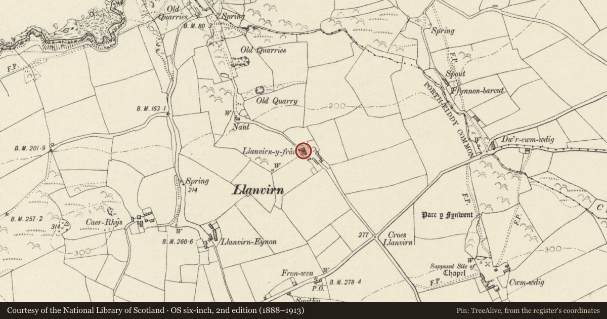Ordnance Survey six-inch map, 2nd edition (1888–1913) covering the location of Cartshed & attached Pigsties at Llanfryn-Y-Fran, St. David's and the Cathedral Close, Pembrokeshire, with a pin at the register's coordinates