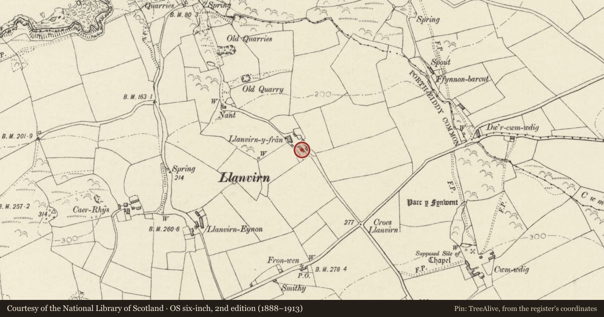 Ordnance Survey six-inch map, 2nd edition (1888–1913) covering the location of Outbuilding at S.End of range at Llanfyrn-y-Fran, St. David's and the Cathedral Close, Pembrokeshire, with a pin at the register's coordinates