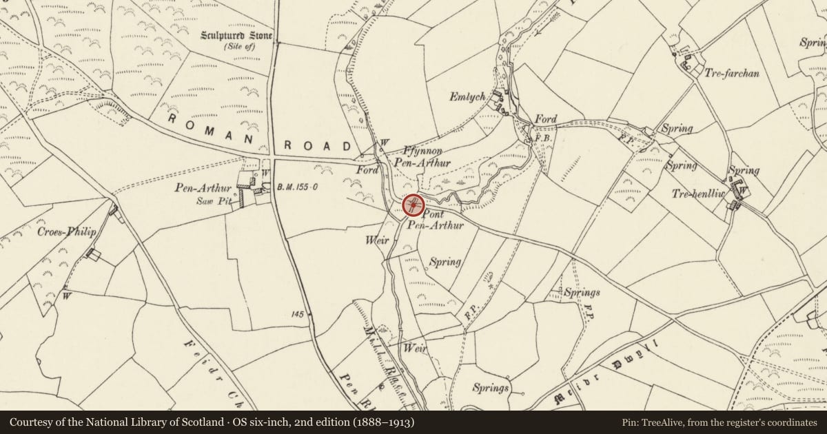 Ordnance Survey six-inch map, 2nd edition (1888–1913) covering the location of Pont Penarthur, St. David's and the Cathedral Close, Pembrokeshire, with a pin at the register's coordinates