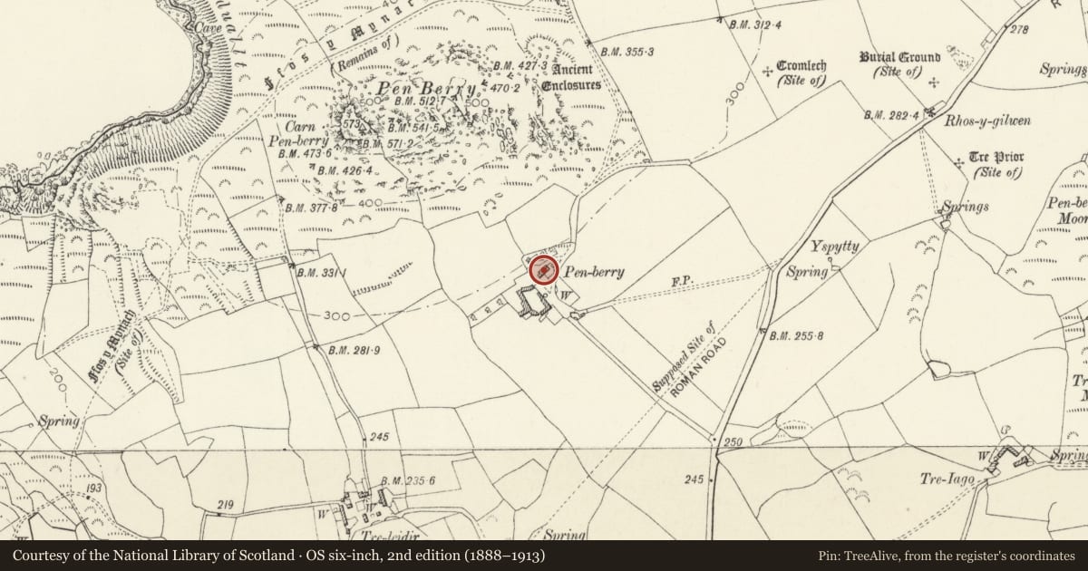 Ordnance Survey six-inch map, 2nd edition (1888–1913) covering the location of Penberi/Penberry, St. David's and the Cathedral Close, Pembrokeshire, with a pin at the register's coordinates