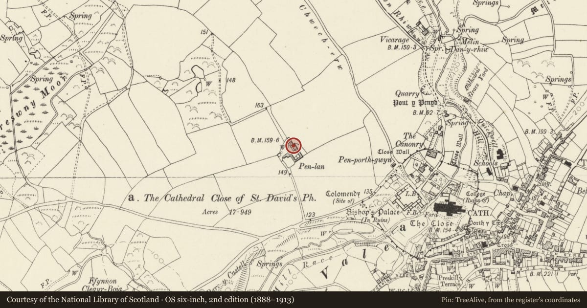Ordnance Survey six-inch map, 2nd edition (1888–1913) covering the location of Penlan/Penlan, St. David's and the Cathedral Close, Pembrokeshire, with a pin at the register's coordinates
