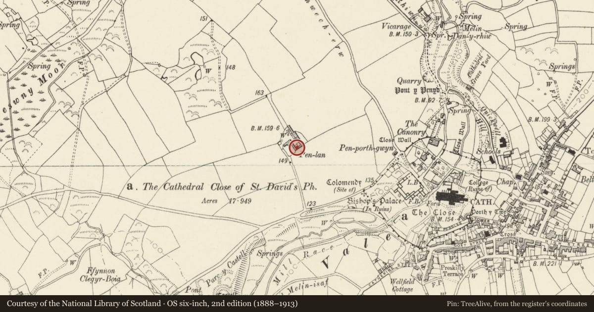 Ordnance Survey six-inch map, 2nd edition (1888–1913) covering the location of Linked Outbuildings to S. to S. and Sw of Penlan, St. David's and the Cathedral Close, Pembrokeshire, with a pin at the register's coordinates
