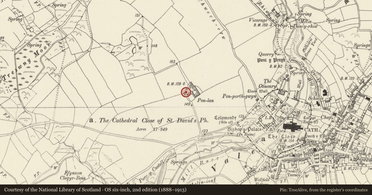 Ordnance Survey six-inch map, 2nd edition (1888–1913) covering the location of Well Enclosure to W. of Penlan Farmhouse, St. David's and the Cathedral Close, Pembrokeshire, with a pin at the register's coordinates