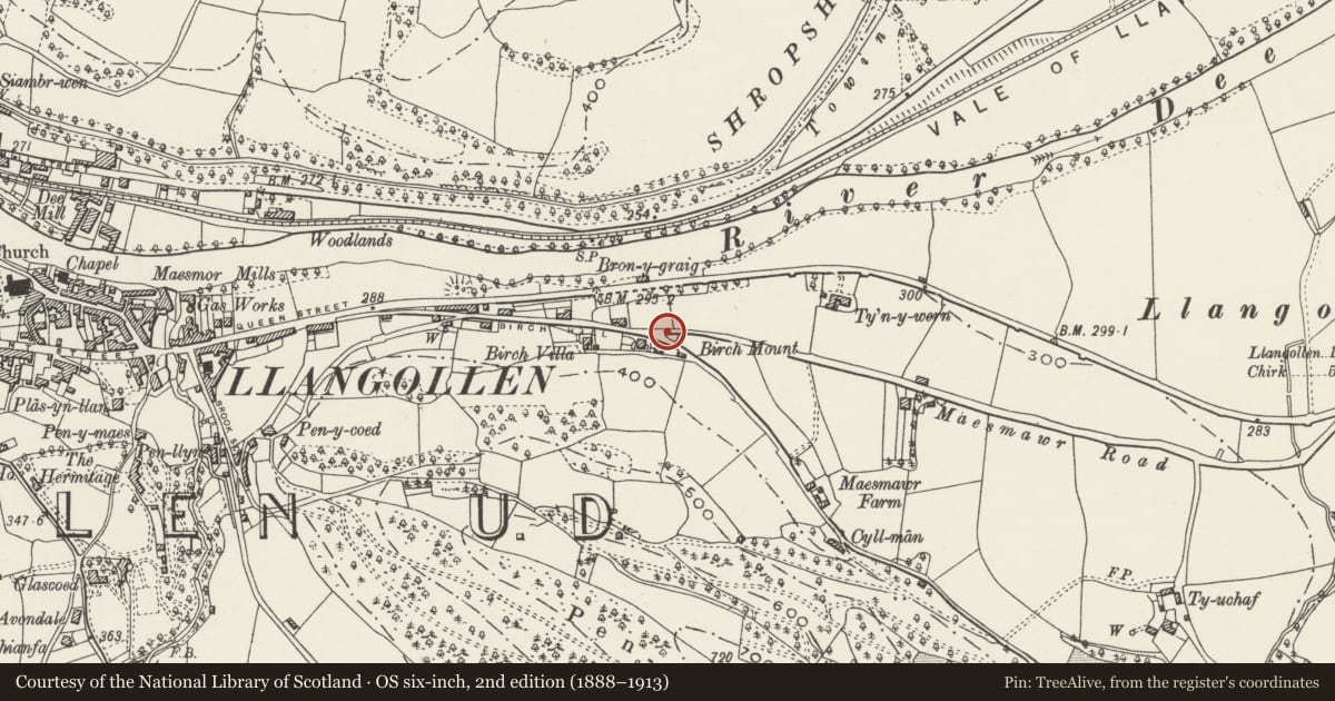 Ordnance Survey six-inch map, 2nd edition (1888–1913) covering the location of Croes-y-Beddau, Llangollen, Denbighshire, with a pin at the register's coordinates
