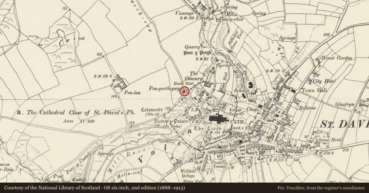 Ordnance Survey six-inch map, 2nd edition (1888–1913) covering the location of 1 Pen-Porth, St. David's and the Cathedral Close, Pembrokeshire, with a pin at the register's coordinates