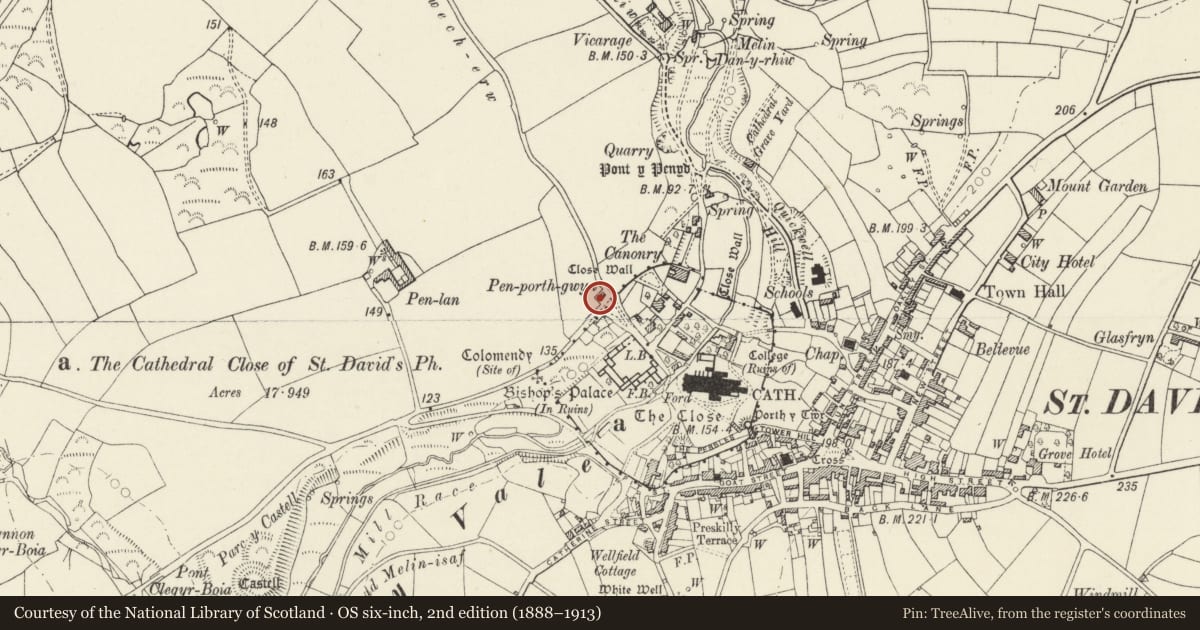 Ordnance Survey six-inch map, 2nd edition (1888–1913) covering the location of 2 Pen-Porth, St. David's and the Cathedral Close, Pembrokeshire, with a pin at the register's coordinates