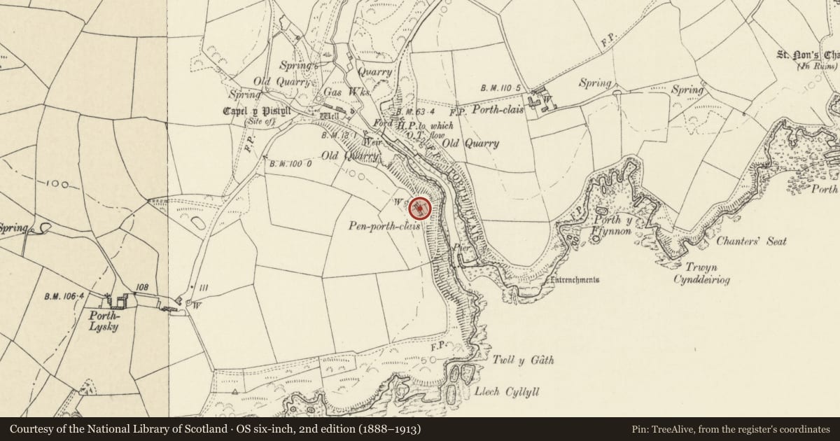 Ordnance Survey six-inch map, 2nd edition (1888–1913) covering the location of Penporthclais, St. David's and the Cathedral Close, Pembrokeshire, with a pin at the register's coordinates