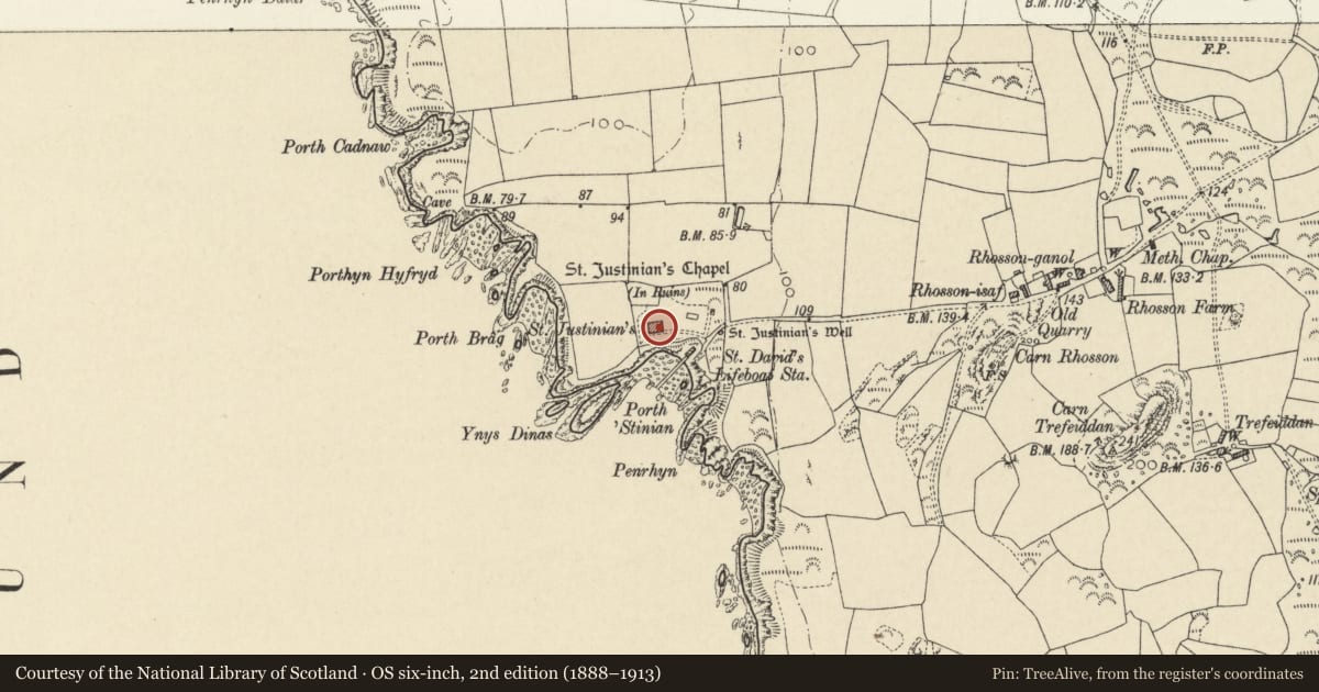 Ordnance Survey six-inch map, 2nd edition (1888–1913) covering the location of Ruins of St Justinian's Chapel, St. David's and the Cathedral Close, Pembrokeshire, with a pin at the register's coordinates