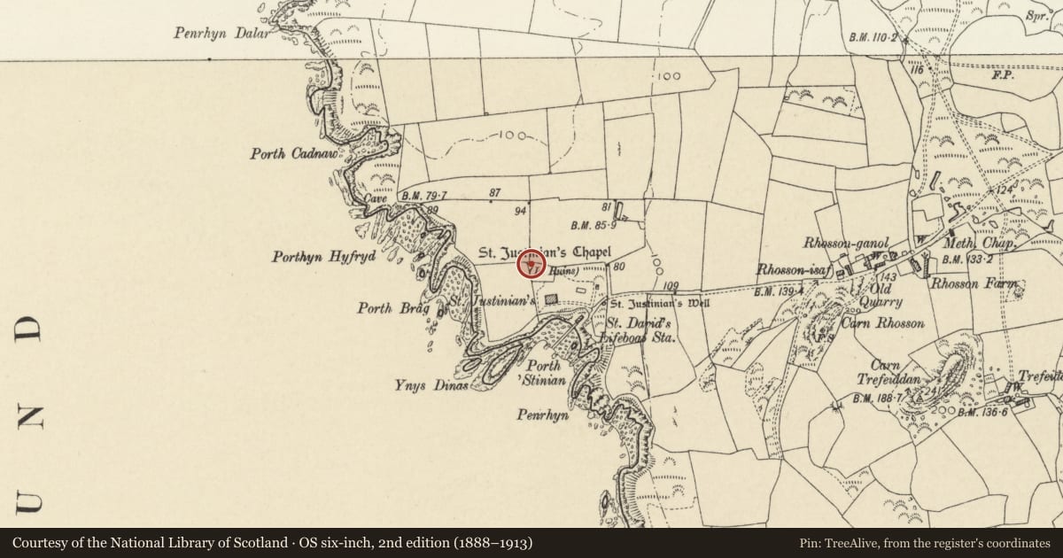 Ordnance Survey six-inch map, 2nd edition (1888–1913) covering the location of Watch Tower to NW. of St. Justinian's, St. David's and the Cathedral Close, Pembrokeshire, with a pin at the register's coordinates