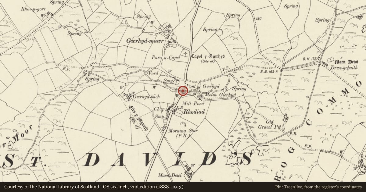 Ordnance Survey six-inch map, 2nd edition (1888–1913) covering the location of Pont y Gwrhyd, St. David's and the Cathedral Close, Pembrokeshire, with a pin at the register's coordinates