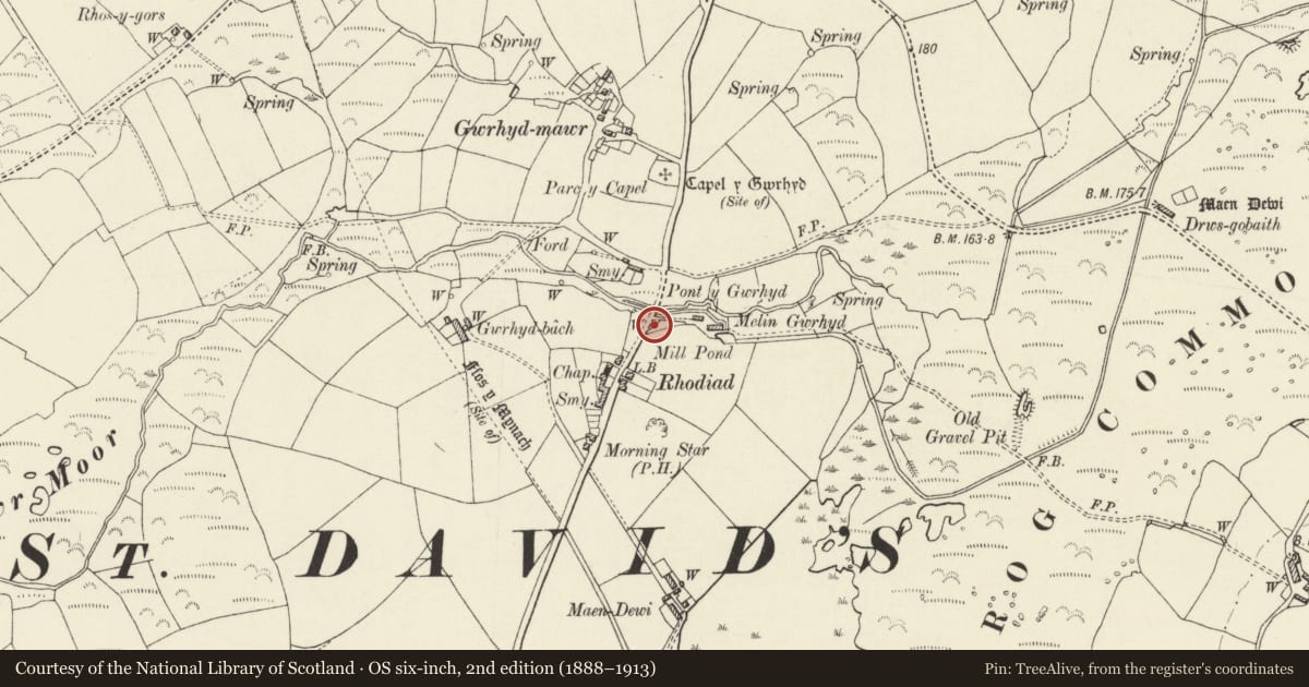 Ordnance Survey six-inch map, 2nd edition (1888–1913) covering the location of Village Pump, including Walled Enclosure, St. David's and the Cathedral Close, Pembrokeshire, with a pin at the register's coordinates