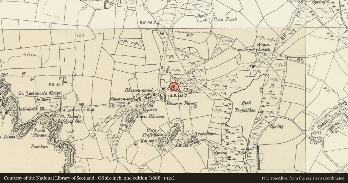 Ordnance Survey six-inch map, 2nd edition (1888–1913) covering the location of Disused Methodist School Room, St. David's and the Cathedral Close, Pembrokeshire, with a pin at the register's coordinates