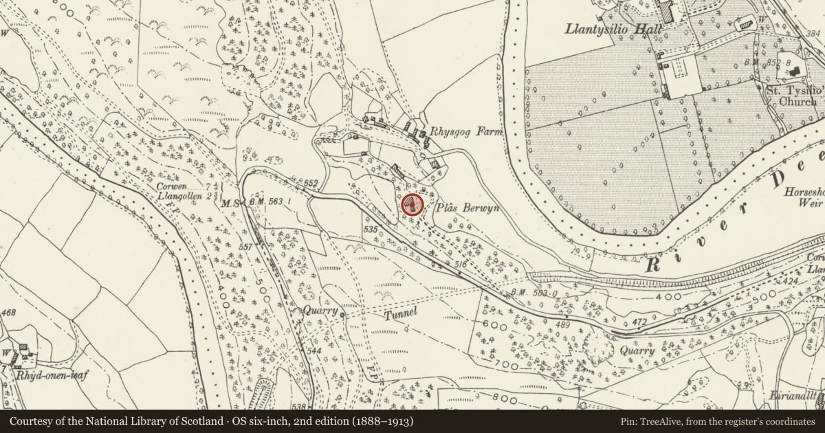 Ordnance Survey six-inch map, 2nd edition (1888–1913) covering the location of Plas Berwyn, Llangollen, Denbighshire, with a pin at the register's coordinates