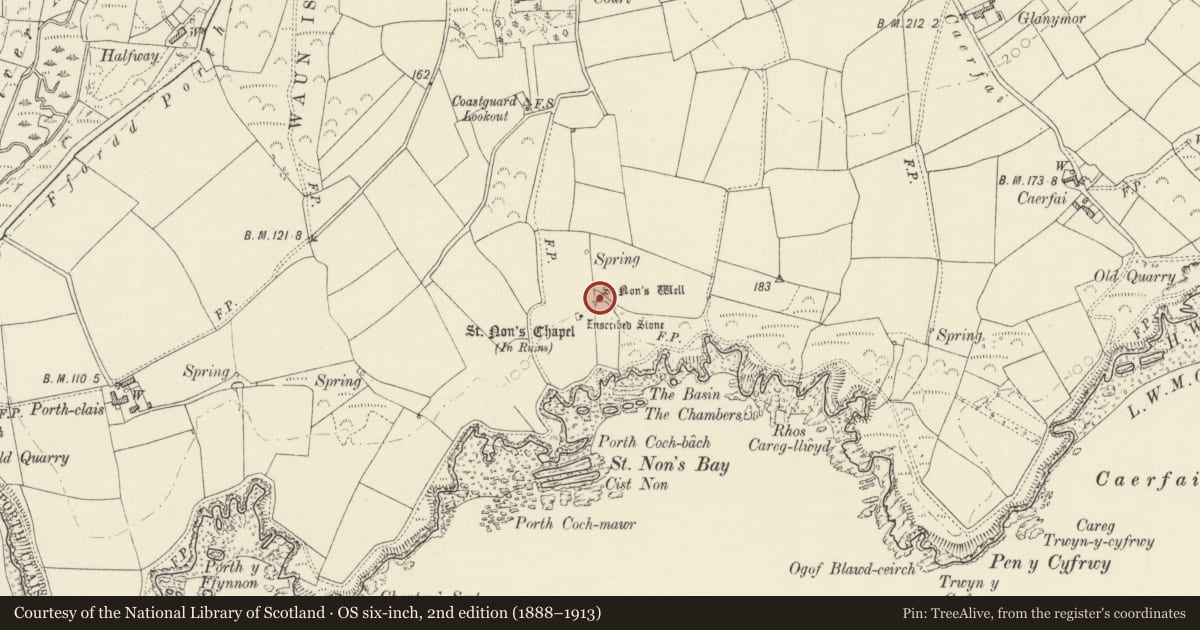 Ordnance Survey six-inch map, 2nd edition (1888–1913) covering the location of St Non's Well, St. David's and the Cathedral Close, Pembrokeshire, with a pin at the register's coordinates