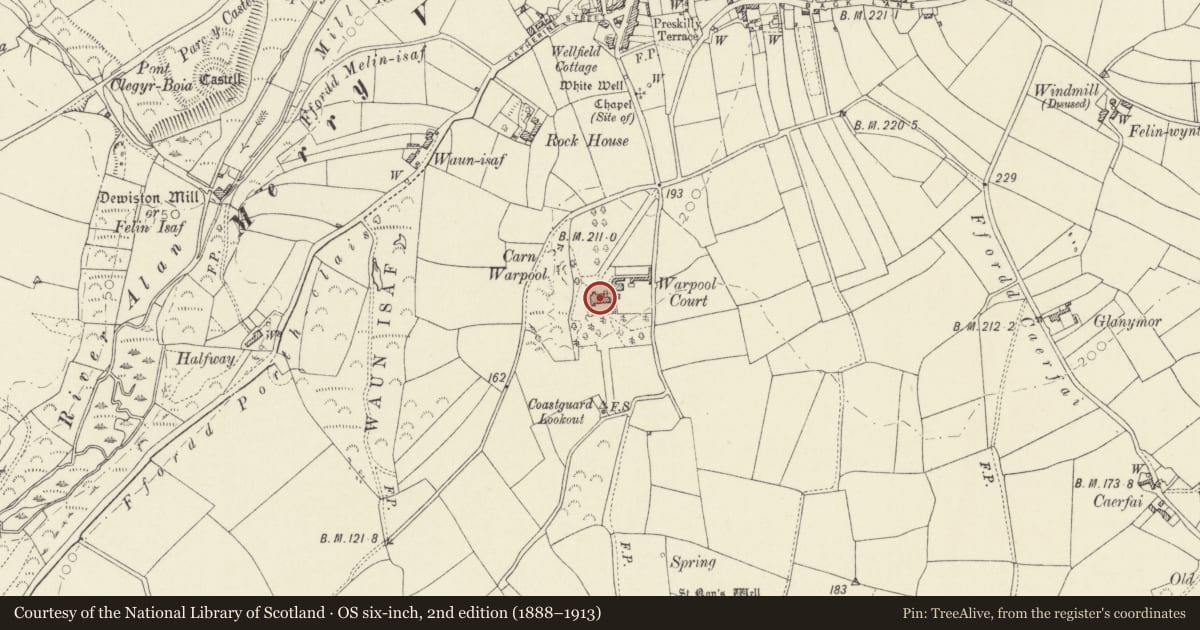 Ordnance Survey six-inch map, 2nd edition (1888–1913) covering the location of Warpool court Hotel, St. David's and the Cathedral Close, Pembrokeshire, with a pin at the register's coordinates