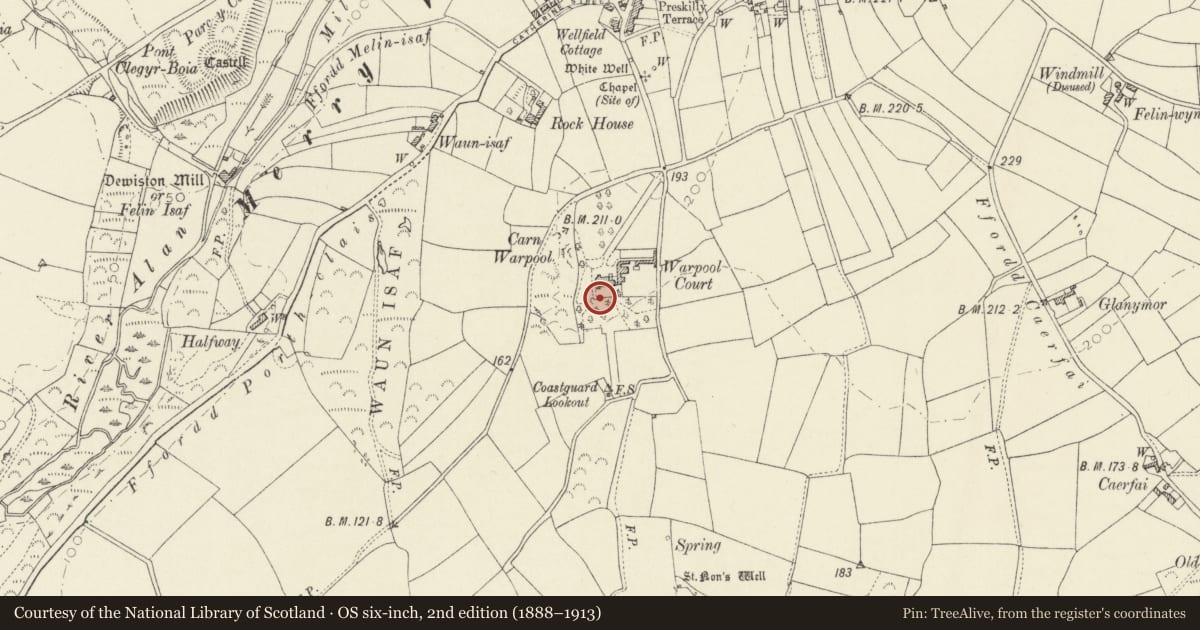 Ordnance Survey six-inch map, 2nd edition (1888–1913) covering the location of Garden Terrace, Hemicycle & Archway at Warpool Court Hotel, St. David's and the Cathedral Close, Pembrokeshire, with a pin at the register's coordinates