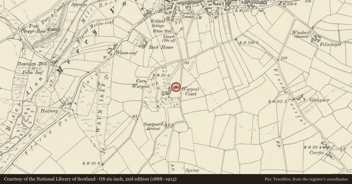 Ordnance Survey six-inch map, 2nd edition (1888–1913) covering the location of Walled Garden & attached Tower on grounds of Warpool Court Hotel, St. David's and the Cathedral Close, Pembrokeshire, with a pin at the register's coordinates