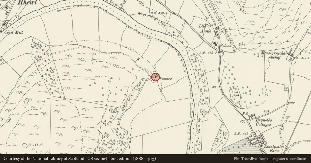 Ordnance Survey six-inch map, 2nd edition (1888–1913) covering the location of Barn at Pendre Farm, Llangollen, Denbighshire, with a pin at the register's coordinates