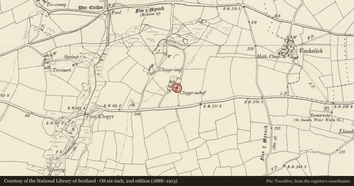 Ordnance Survey six-inch map, 2nd edition (1888–1913) covering the location of Clegyr Uchaf, St. David's and the Cathedral Close, Pembrokeshire, with a pin at the register's coordinates
