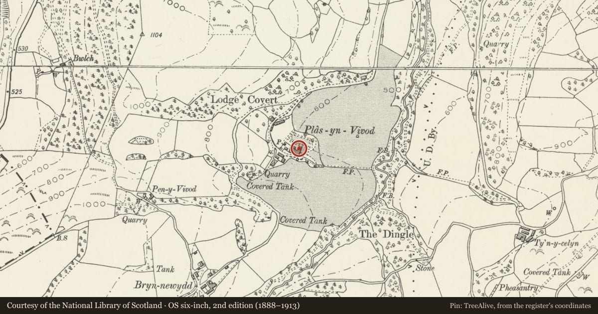 Ordnance Survey six-inch map, 2nd edition (1888–1913) covering the location of Vivod, Llangollen, Denbighshire, with a pin at the register's coordinates