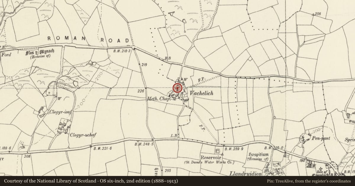 Ordnance Survey six-inch map, 2nd edition (1888–1913) covering the location of Penberi, St. David's and the Cathedral Close, Pembrokeshire, with a pin at the register's coordinates