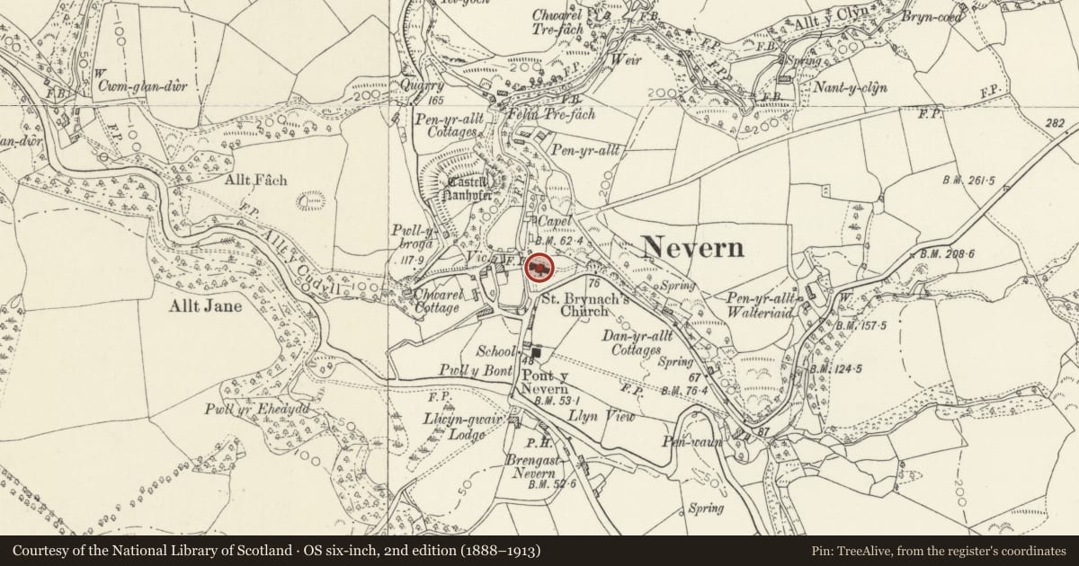 Ordnance Survey six-inch map, 2nd edition (1888–1913) covering the location of Church of St Brynarch, Nevern, Pembrokeshire, with a pin at the register's coordinates