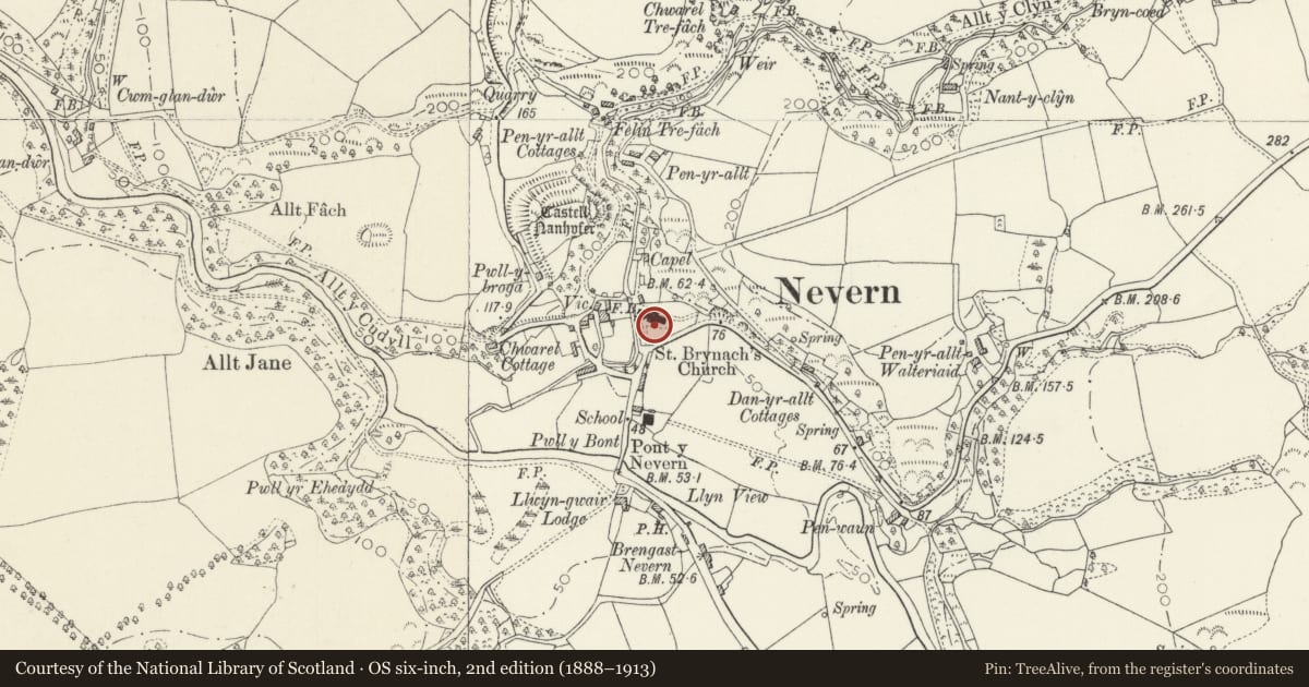Ordnance Survey six-inch map, 2nd edition (1888–1913) covering the location of Churchyard of Church of St Brynarch, including Wall & Gates, Nevern, Pembrokeshire, with a pin at the register's coordinates