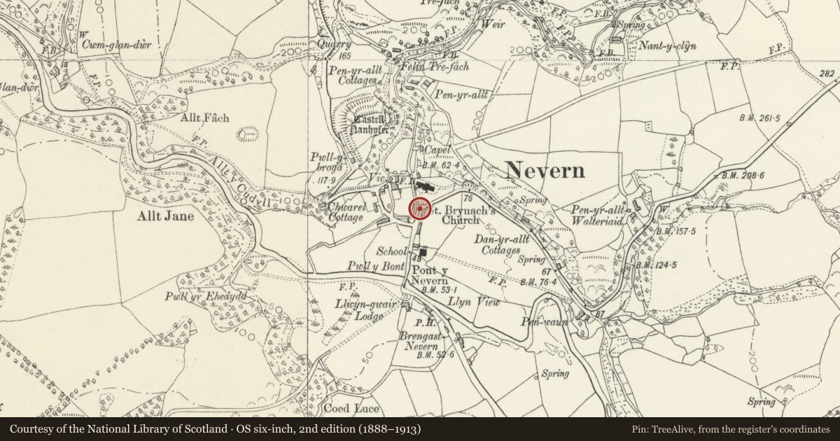 Ordnance Survey six-inch map, 2nd edition (1888–1913) covering the location of Mounting Block by Churchyard entry to Church of St Brynarch, Nevern, Pembrokeshire, with a pin at the register's coordinates