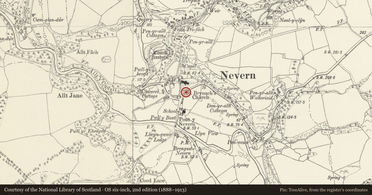 Ordnance Survey six-inch map, 2nd edition (1888–1913) covering the location of Gate to New Chruchyard at Church of St Brynarch, Nevern, Pembrokeshire, with a pin at the register's coordinates