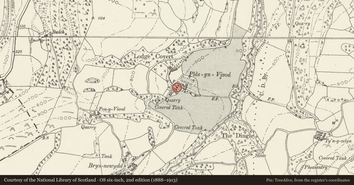 Ordnance Survey six-inch map, 2nd edition (1888–1913) covering the location of Former Coache House at Vivod, Llangollen, Denbighshire, with a pin at the register's coordinates