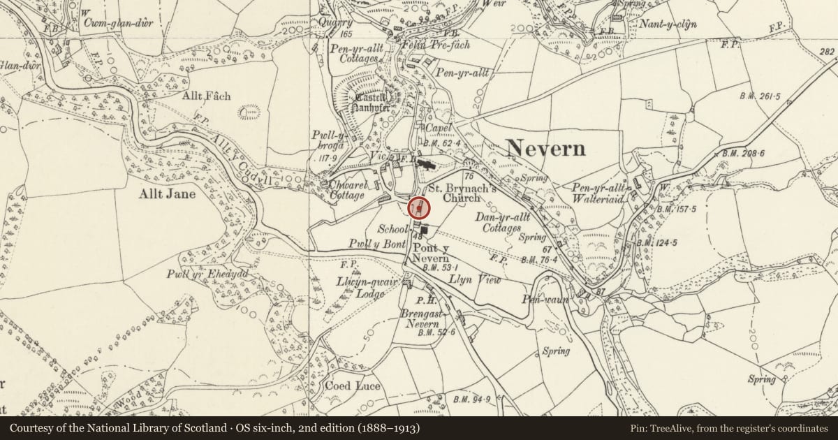 Ordnance Survey six-inch map, 2nd edition (1888–1913) covering the location of Telephone Call-box outside Tyrllan, Nevern, Pembrokeshire, with a pin at the register's coordinates