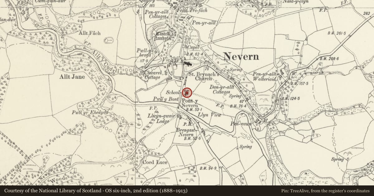 Ordnance Survey six-inch map, 2nd edition (1888–1913) covering the location of Village Hall, Nevern, Pembrokeshire, with a pin at the register's coordinates