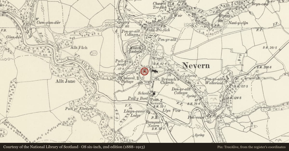 Ordnance Survey six-inch map, 2nd edition (1888–1913) covering the location of The Vicarage, Nevern, Pembrokeshire, with a pin at the register's coordinates