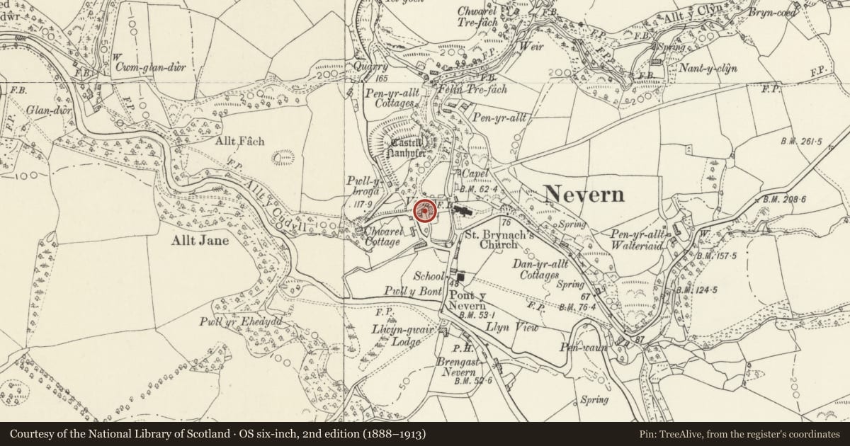 Ordnance Survey six-inch map, 2nd edition (1888–1913) covering the location of Coach House at The Vicarage, Nevern, Pembrokeshire, with a pin at the register's coordinates