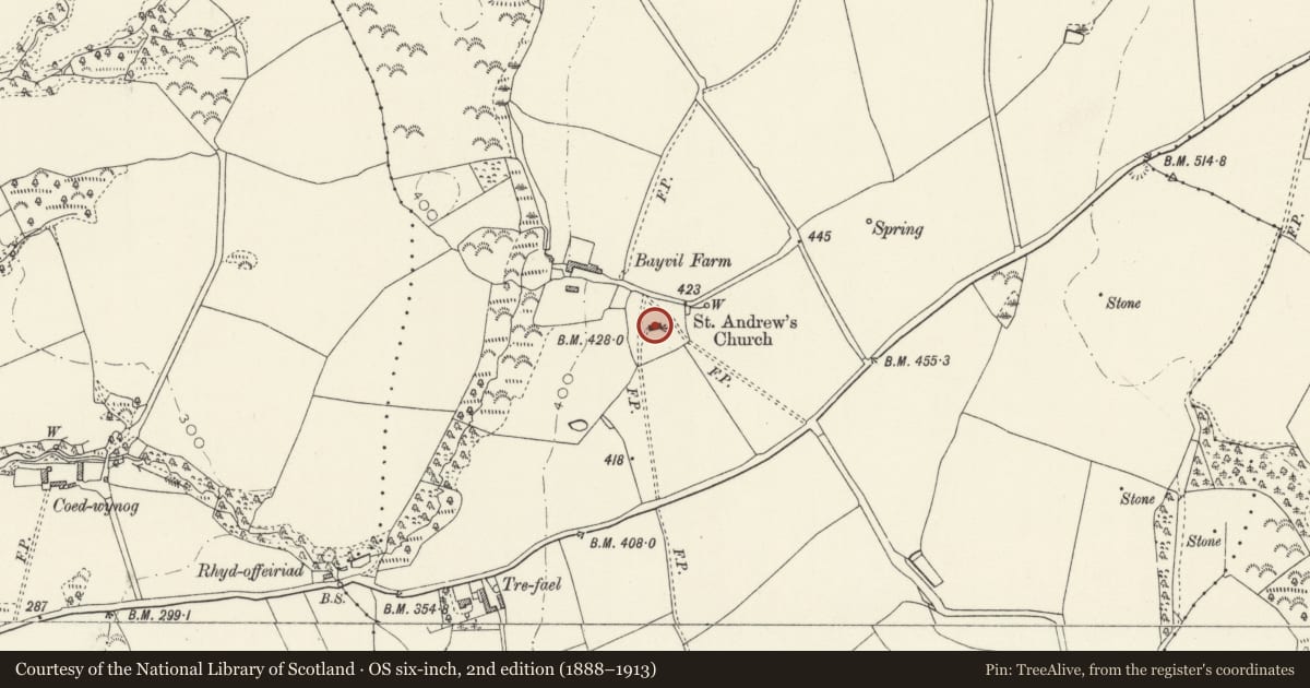 Ordnance Survey six-inch map, 2nd edition (1888–1913) covering the location of Church of St Andrew, Nevern, Pembrokeshire, with a pin at the register's coordinates