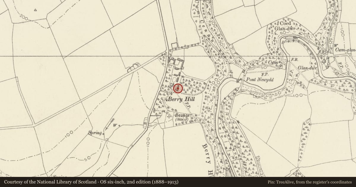 Ordnance Survey six-inch map, 2nd edition (1888–1913) covering the location of Berry Hill House, Nevern, Pembrokeshire, with a pin at the register's coordinates