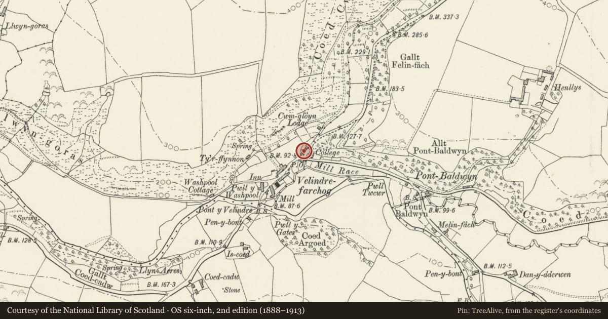 Ordnance Survey six-inch map, 2nd edition (1888–1913) covering the location of The Pound, Nevern, Pembrokeshire, with a pin at the register's coordinates