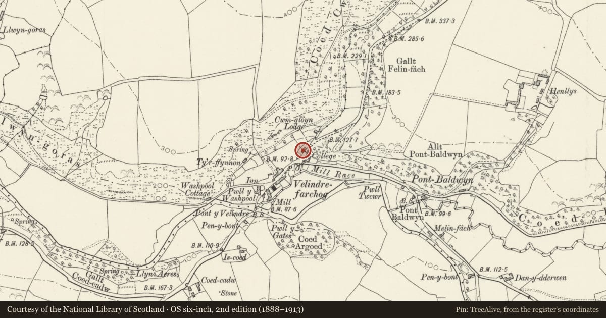 Ordnance Survey six-inch map, 2nd edition (1888–1913) covering the location of Pendre, Nevern, Pembrokeshire, with a pin at the register's coordinates