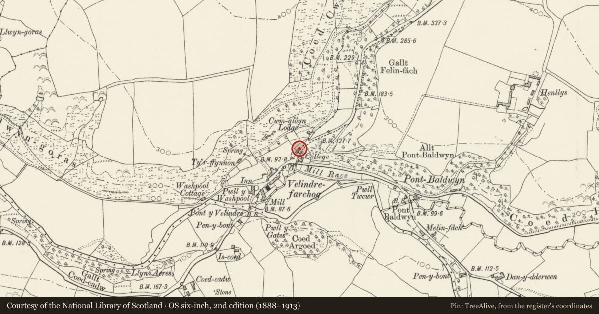 Ordnance Survey six-inch map, 2nd edition (1888–1913) covering the location of Pendre, Nevern, Pembrokeshire, with a pin at the register's coordinates