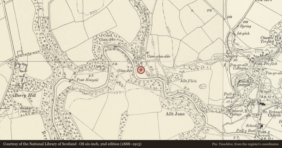 Ordnance Survey six-inch map, 2nd edition (1888–1913) covering the location of Glandwr, Nevern, Pembrokeshire, with a pin at the register's coordinates