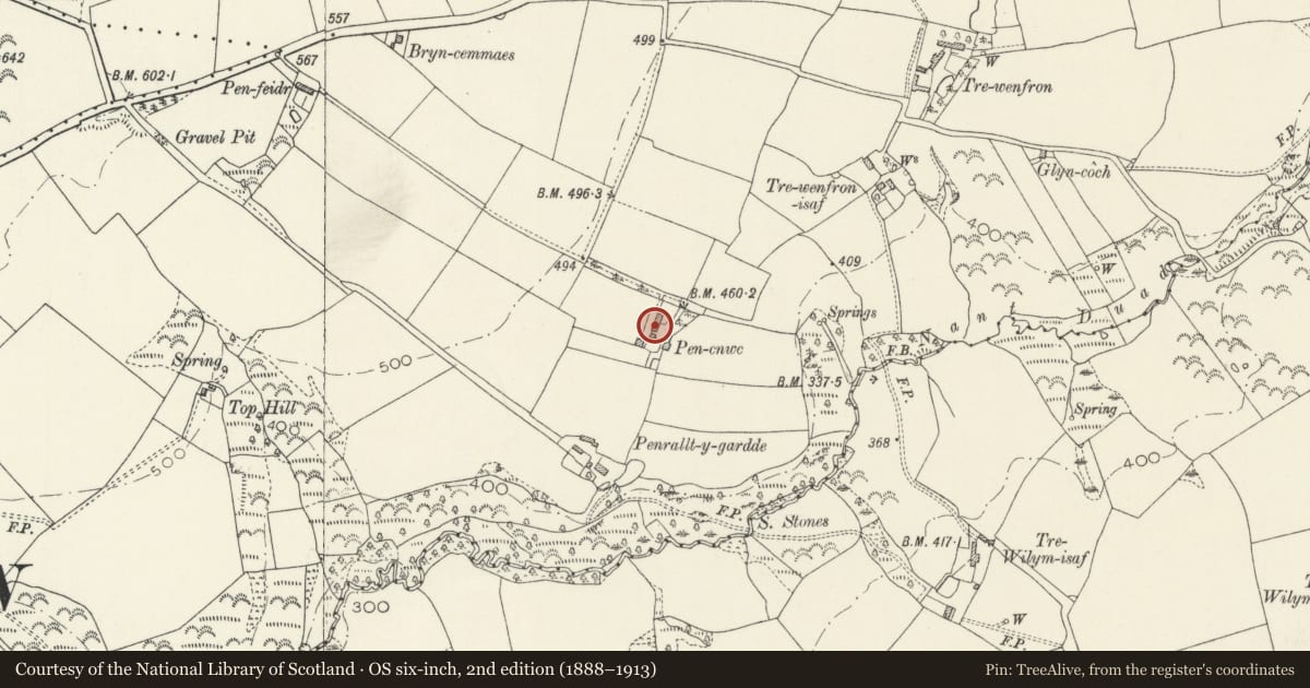 Ordnance Survey six-inch map, 2nd edition (1888–1913) covering the location of Pencnwc, Nevern, Pembrokeshire, with a pin at the register's coordinates