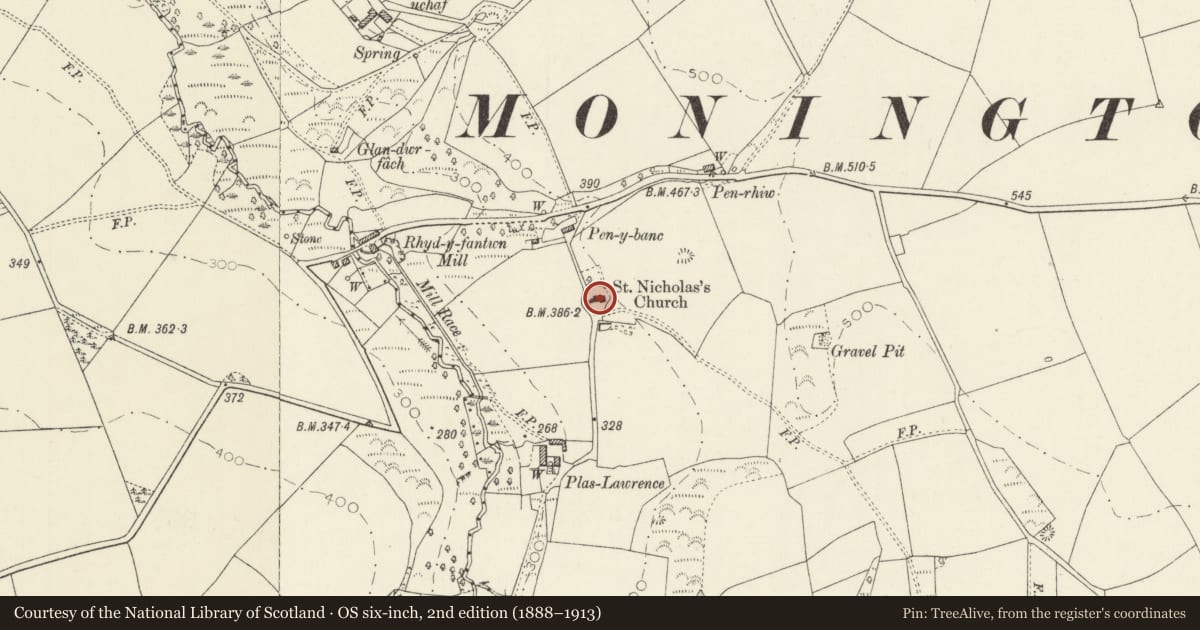 Ordnance Survey six-inch map, 2nd edition (1888–1913) covering the location of Church of St Nicholas, Nevern, Pembrokeshire, with a pin at the register's coordinates