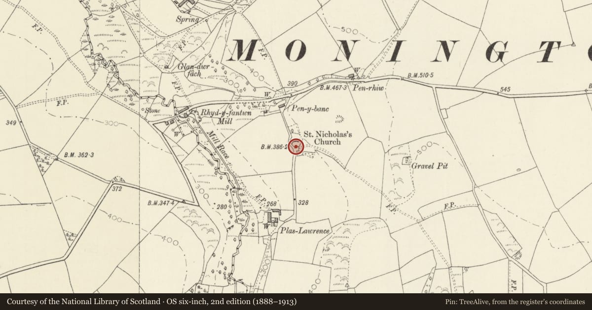 Ordnance Survey six-inch map, 2nd edition (1888–1913) covering the location of Bier House in Churchyard at St Nicholas Church, Nevern, Pembrokeshire, with a pin at the register's coordinates