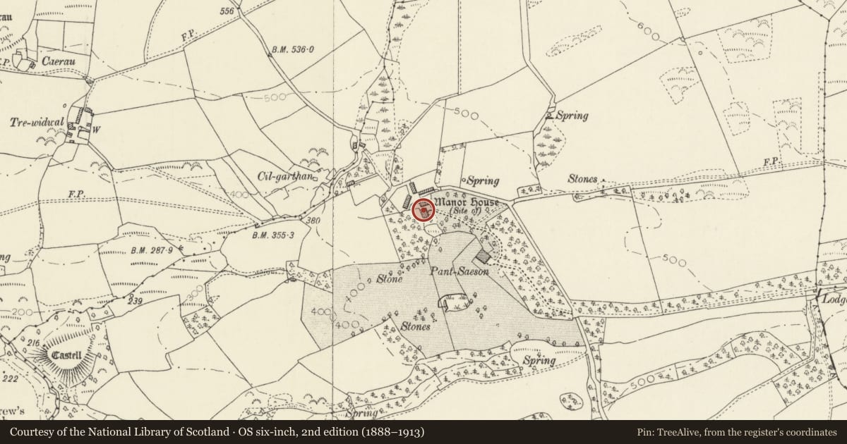 Ordnance Survey six-inch map, 2nd edition (1888–1913) covering the location of Pantsaeson Farmhouse, Nevern, Pembrokeshire, with a pin at the register's coordinates