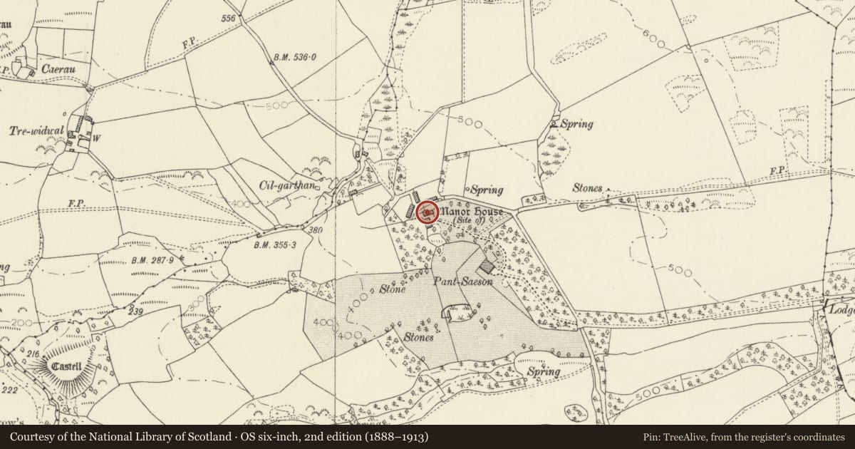 Ordnance Survey six-inch map, 2nd edition (1888–1913) covering the location of Coach House and Stable at Pantsaeson Farm, Nevern, Pembrokeshire, with a pin at the register's coordinates